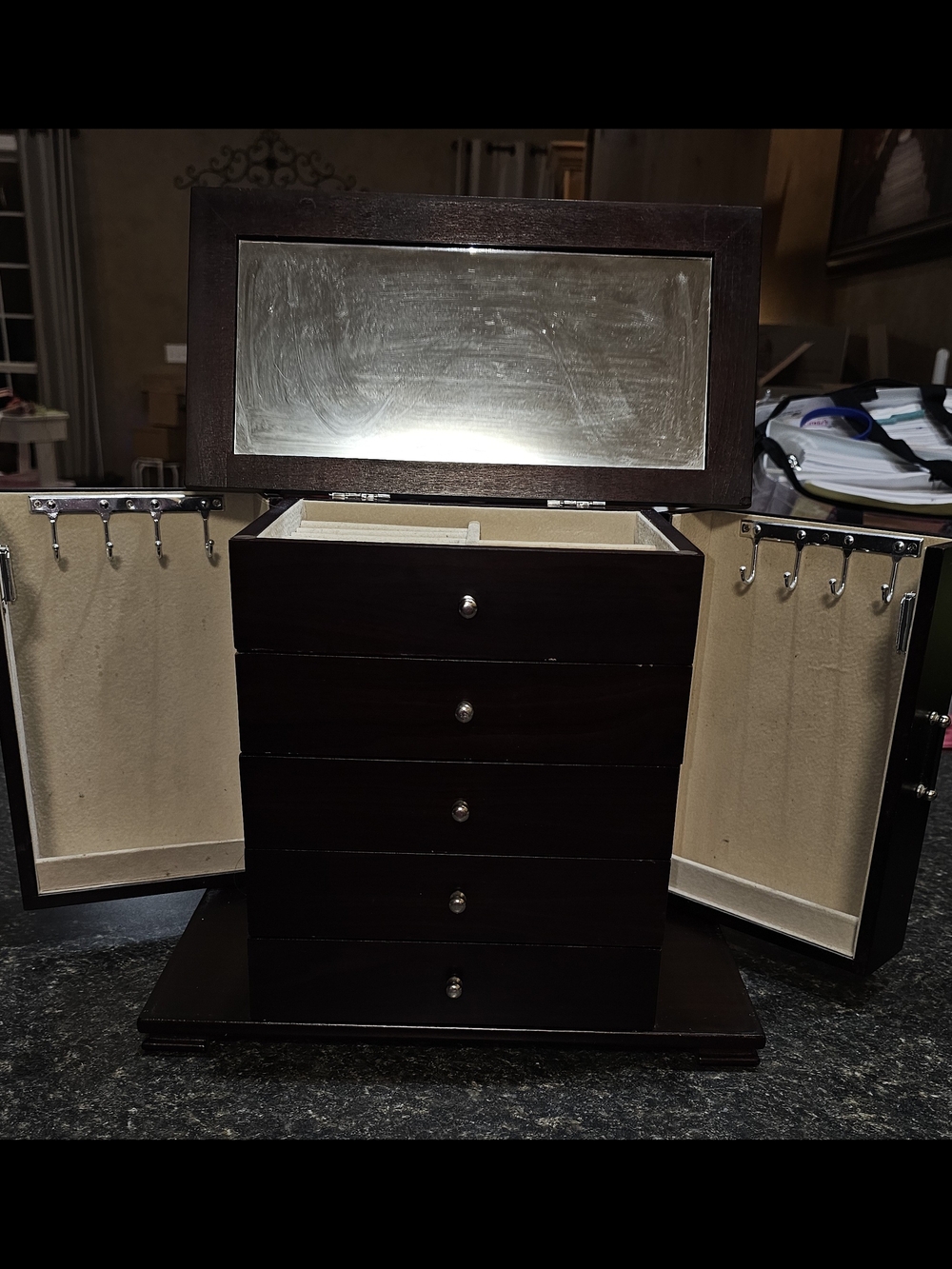 Antique Wood Jewelry Organizer Chest in Med Brown Finish - Picture 4 of 14